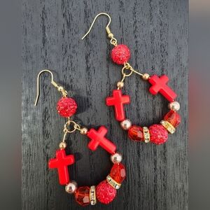 BrqzenSoul Bold Red Cross Glam Hoop Statement Earrings | Gold & Rhinestone